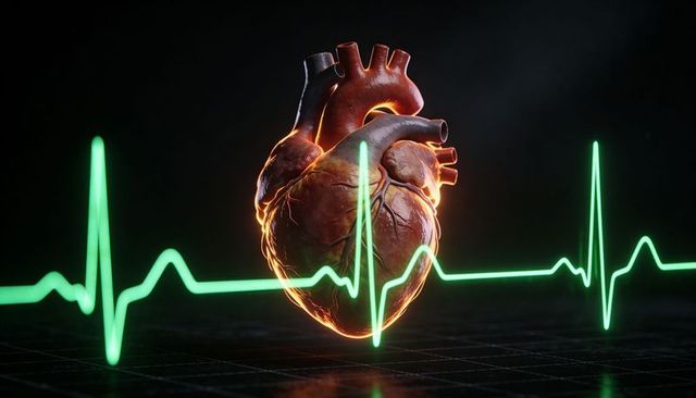 Pulsing anatomical heart glowing with neon ecg rhythm over dark grid background