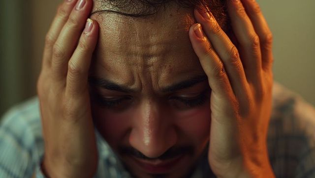 Frustrated man stressed at home with hands on forehead
