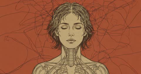Stylized Woman with Anatomical Lines on Red Background