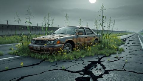 Abandoned rusted sedan on cracked overgrown road after the apocalypse