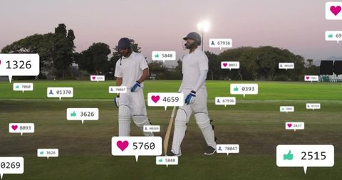 Two cricket players walking at dusk with floating social media likes and follower counters