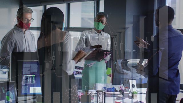 Colleagues wearing face masks are gathered in an office, discussing business strategies, emphasizing the importance of data analytics. The overlaid statistical graphics indicate a focus on data technology and analytics. This video can be used to illustrate concepts of modern business practices, teamwork, and the importance of public safety during the pandemic.