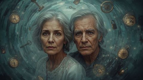 Old people in abstract vortex with timeless symbols