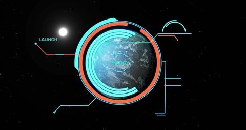 Futuristic spacecraft hud displaying earth energy telemetry with cyan rings and launch marker