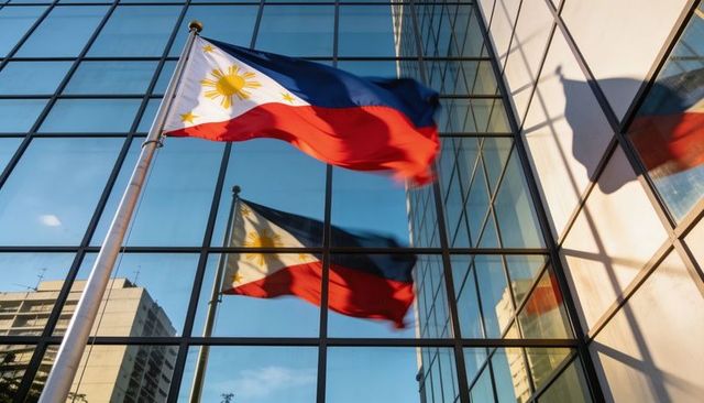 Philippine flags waving in sunlight over modern glass office building with reflections