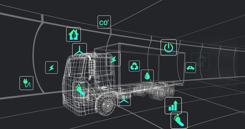 Futuristic electric truck with sustainable energy symbols