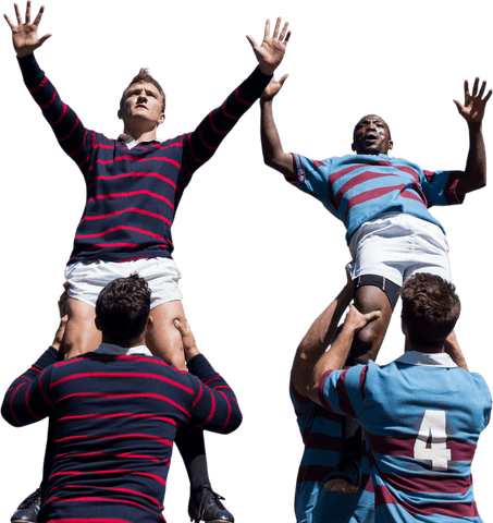 Rugby players lifting teammates for lineout toss on transparent background