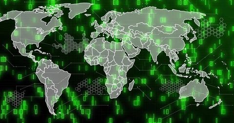 Neon green digital world map visualizing global cyber network and streaming data flow