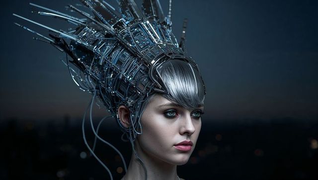 Futuristic Cyborg Woman Wearing Intricate Metallic Circuit Crown with LED Wiring at Dusk