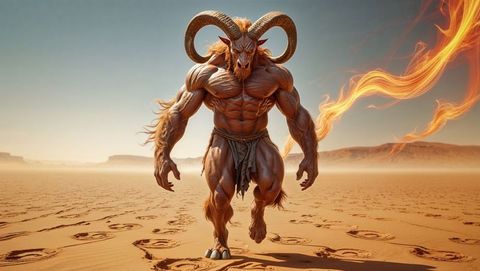 Demonic horned beast striding across flaming desert
