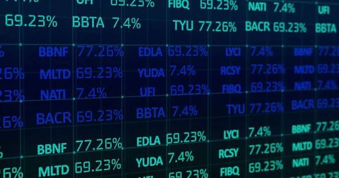 Displaying digital stock ticker with neon teal-blue percentages and futuristic led grid