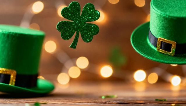 Glitter Shamrock Hanging Between Felt Leprechaun Hats with Warm Bokeh Lights and Rustic Table