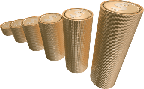 Gradient stack of rising dollar coins on a transparent background