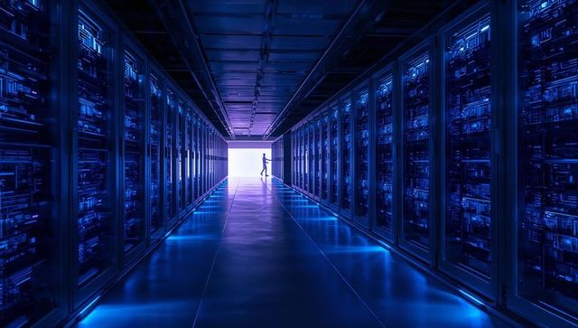 Silhouetted Technician Walking Server Aisle in Blue Data Center Corridor, Reflective Floor