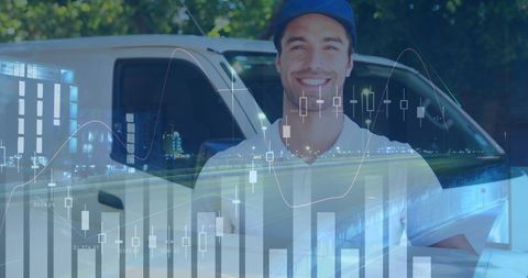 Smiling Delivery Worker Holding Package with Financial Graph Overlay
