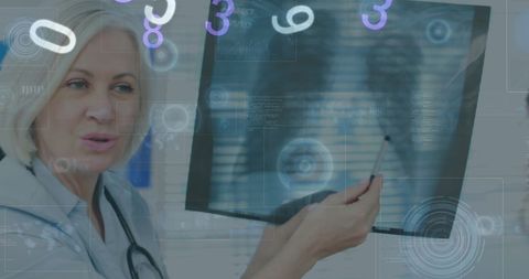 Female Doctor Analyzing X-Ray with Futuristic Digital Overlay