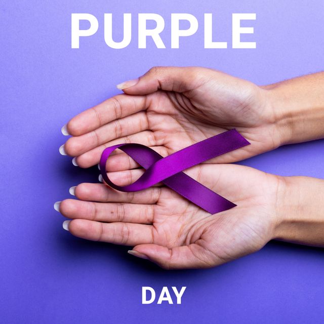 Composition of purple day text and purple ribbon in woman's hands on purple background. Purple day and epilepsy awareness concept digitally generated image.