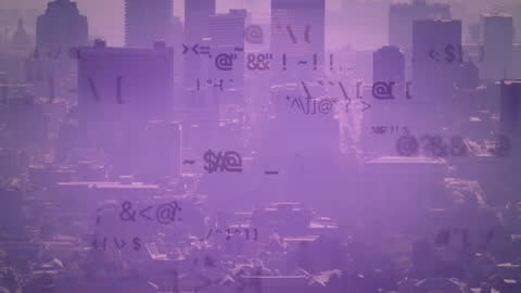 Abstract Code Symbols Over Purple City Skyline