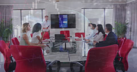 Diverse Business Team Analyzing Global Data with Digital Overlay