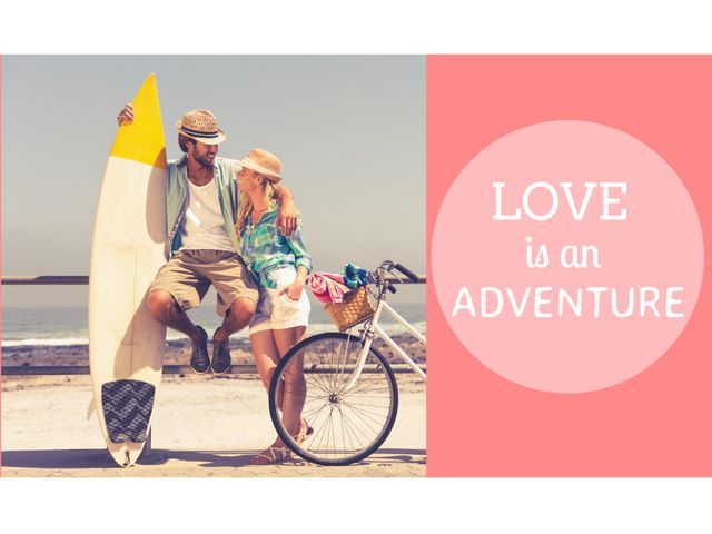 Couple Enjoying Beach Adventure with Surfboard and Bicycle - Download Free Stock Templates Pikwizard.com