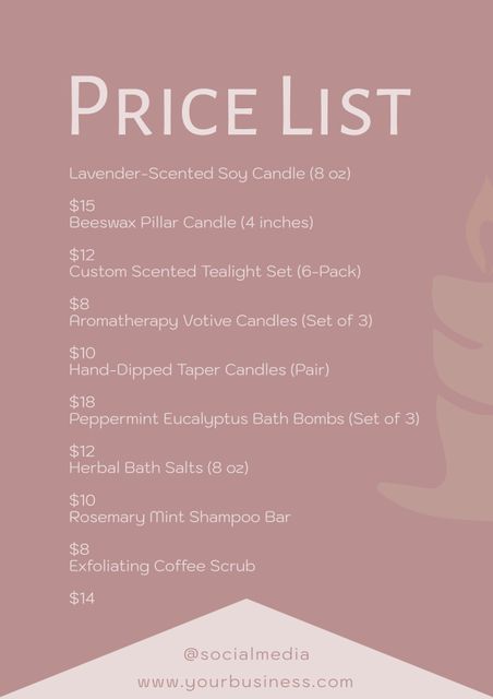 Utilizing a clean design with soft pastel hues, this elegant price list is perfect for boutique owners seeking a sophisticated way to display their product pricing. Ideal for both online and print use, it highlights various items such as candles, bath products, and skin care items in a clear and modern layout. Can be used in-store, on websites, or shared on social media to inform customers about pricing and promotions.