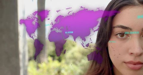 Young woman gazing through balcony with purple world map overlay and digital data accents