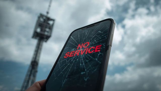 Holding smartphone displaying no service on cracked screen near cell tower