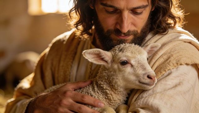 Bearded shepherd cradling lamb in sunlit barn, gentle pastoral care and rustic warmth