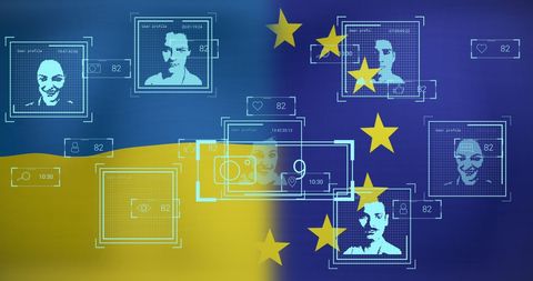 Digital overlay with faces and ukraine-eu flags symbolizing connectivity