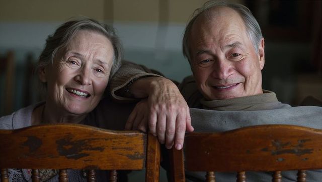 Smiling senior couple sitting behind worn wooden chairs sharing warm rustic home moment