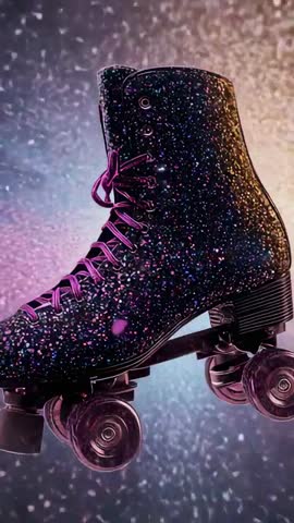 Glitter Roller Skate Zooming with Pink Laces under Neon Backlight Vertical Promo