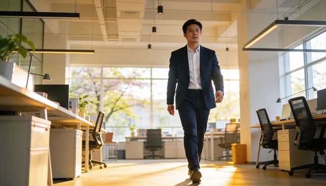 Confident executive walking through modern open office during golden hour light
