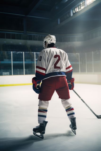 A hockey player stands on ice in an arena, poised for action. Dressed in full gear, the athlete's focus is palpable, capturing the intensity of the sport.