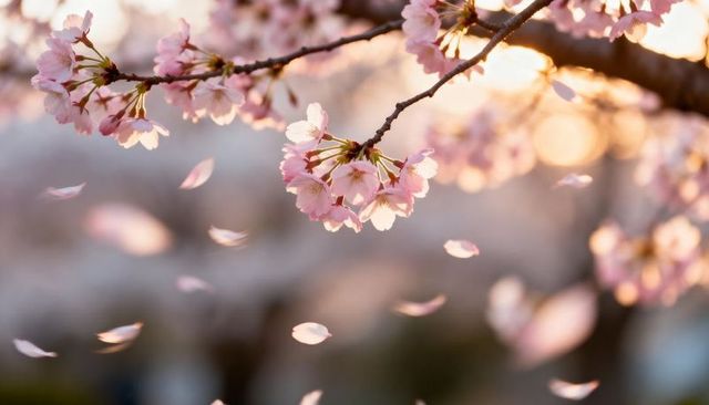 Sunlit cherry blossoms releasing delicate petals at golden hour, spring sakura blooming