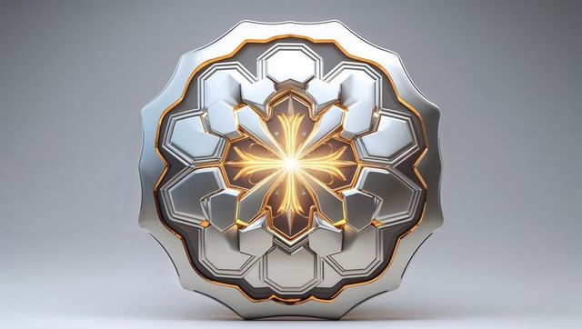 Futuristic Metallic Emblem with Golden Starburst Design