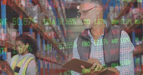 Stock market overlay on warehouse workers analyzing logistics