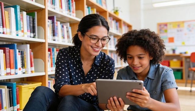 Teacher guiding student using tablet in school library for reading and learning