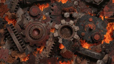 Rusted gears and cogs immersed in blaze amid destruction