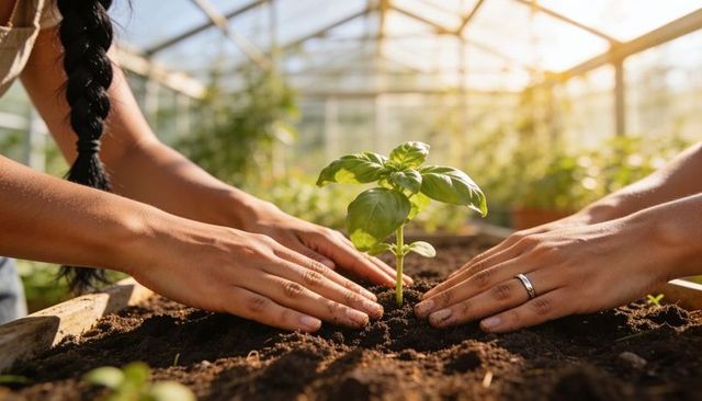 Hands planting basil seedling in sunlit greenhouse bed, collaborative urban gardening