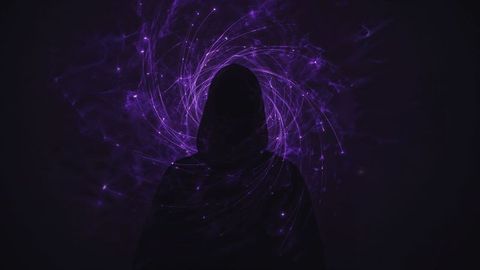 Hooded Figure with Purple Energy Swirls in Cosmic Void