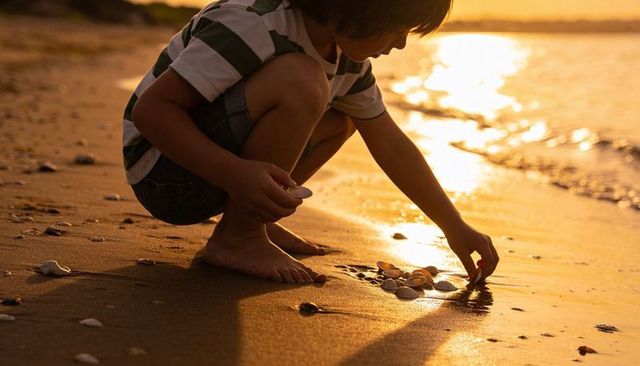 Crouching child collecting seashells on sunlit shoreline during golden hour sunset