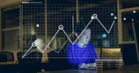 Business analyst working late in office with growth chart overlay
