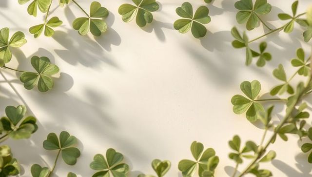 Green Clover Wreath Framing Minimal Pale Background with Soft Shadows for Spring