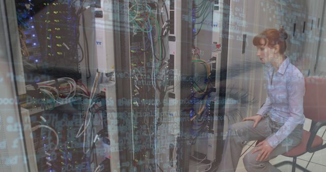 This image depicts a woman monitoring a server room, highlighting the complexities of modern-day data centers and technology infrastructure through an overlaying digital code. Ideal for use in technology, IT services, cybersecurity, data management, or network engineering contexts.