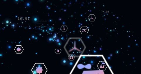 Floating holographic panels displaying neon icons and co2 readouts in virtual starfield