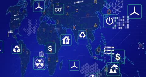 Global Eco Icons with Data Overlay on World Map