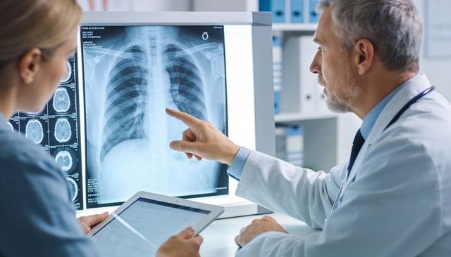 Two clinicians reviewing chest x-ray on monitor while holding tablet, radiology consultation