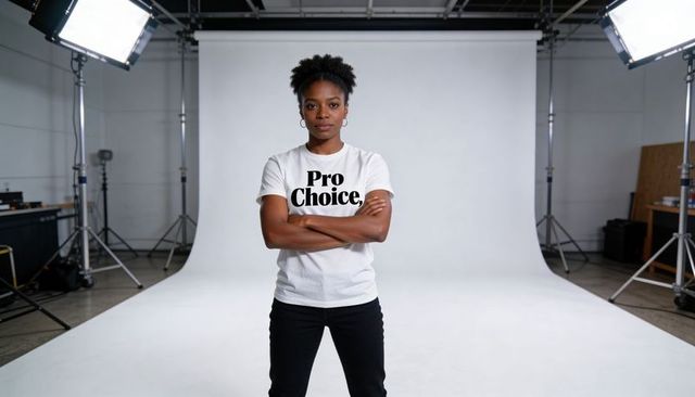 Confident woman standing in studio wearing pro choice t-shirt with arms crossed