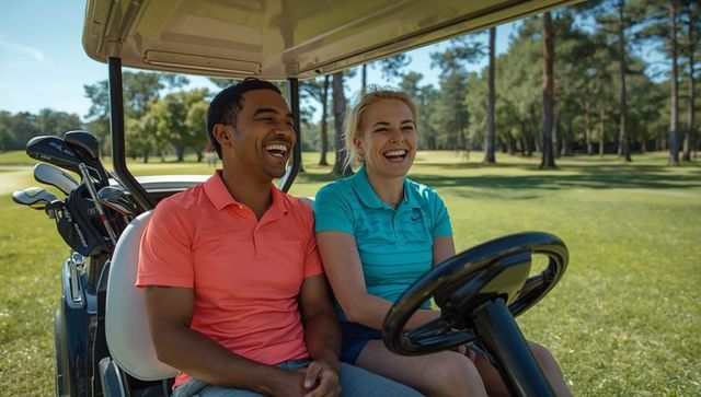 Laughing friends enjoying golf cart ride in vibrant outdoor setting