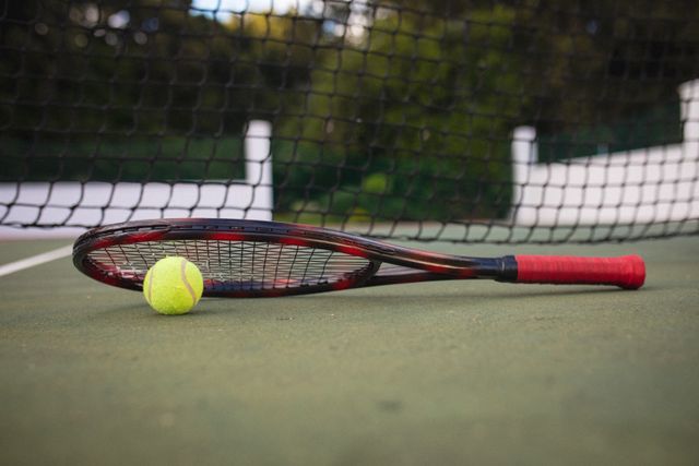 This image shows a close-up view of a tennis racket and ball lying on a tennis court with a net in the background. Ideal for use in sports-related articles, advertisements for tennis equipment, fitness blogs, and promotional materials for tennis clubs or tournaments.